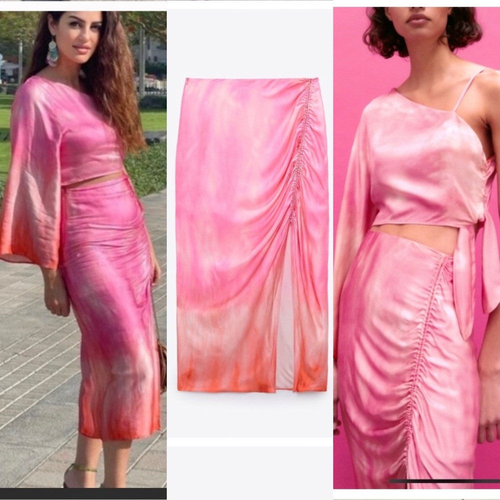 Zara set NWT — pink Tie-Dye satin top & skirt matching 2 piece set